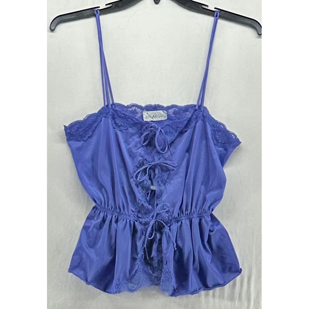 Vintage Miss Elaine Purple Lace Trim Bow Front Babydoll Camisole Top Small